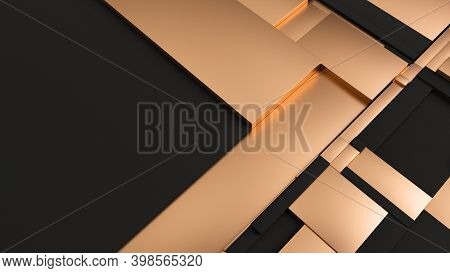Black And Golden Tessellated Rectangular Surface. Abstract Background With Fragmented Tiles. 3d Illu