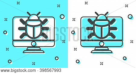 Black Line System Bug On Monitor Icon Isolated On Green And White Background. Code Bug Concept. Bug 