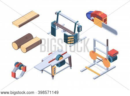 Lumber Isometric. Sawmill Items And Workers Wood Workman Vector Isometric Collection. Illustration L