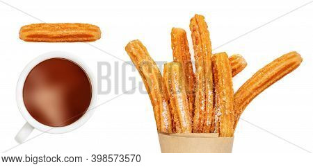 Churro Isolated On White Background. Traditional Spanish Food. Various Churro Pastry  With Chocolate