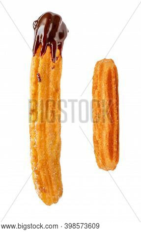 Churro Isolated On White Background. Traditional Spanish Food. Sweet  Churro Pastry Top View. Flat L