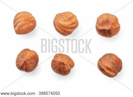Hazelnuts Isolated On White Background. Top View. Flat Lay
