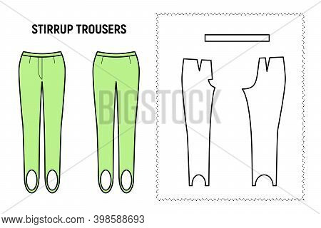 Stirrup Trousers For Woman. Pants Vector Pattern For Tailor. Technical Design Illustration And Sketc