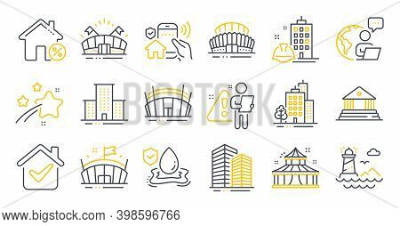 Set Of Buildings Icons, Such As Buildings, Loan House, Skyscraper Buildings Symbols. Flood Insurance