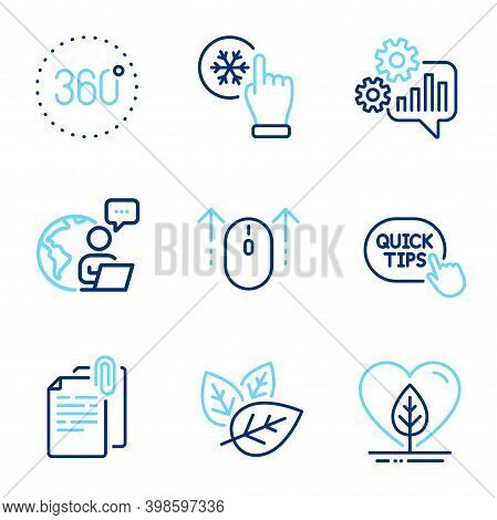 Science Icons Set. Included Icon As 360 Degrees, Cogwheel, Quick Tips Signs. Organic Tested, Documen