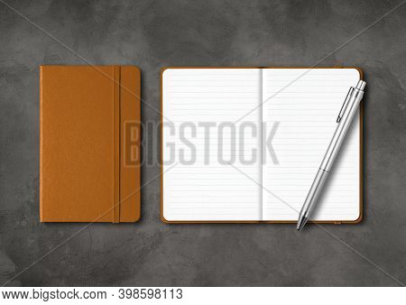 Leather Closed And Open Lined Notebooks With A Pen. Mockup Isolated On Dark Concrete Background