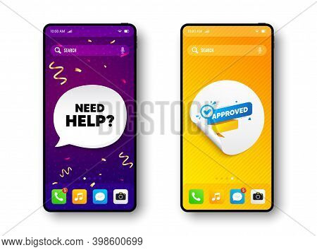 Approved Paper Banner. Phone Mockup Vector Confetti Banner. Permission Quality Tag. Check Guarantee 