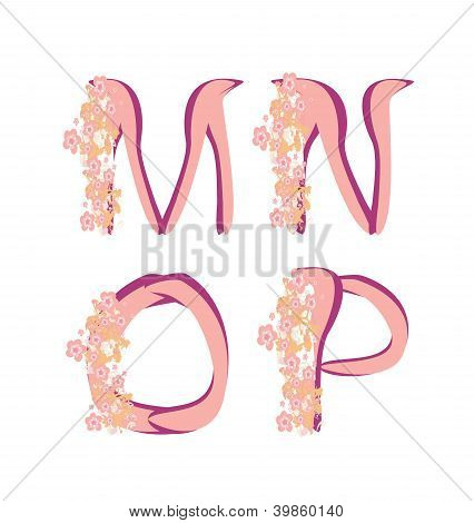 อักษรสปริงเวกเตอร์กับดอกไม้อักษร M, n, o, p