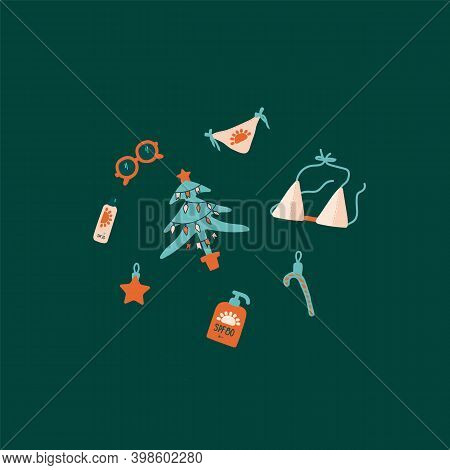 Set Security In The Sun New Year. New Year On The Beach Collection Of Illustrations. Vector Images H