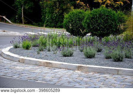 Roundabout Of Paving Gray Granite Cubes, Transport Hub, With Flowers And Grasses In The Middle Of Th