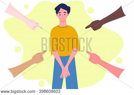 Vector Illustration Of Social Public Condemnation Of Young Man. Sad Or Depressed Young Man Surrounde
