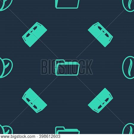 Set Line Folder, Stacks Paper Money Cash And Coffee Beans On Seamless Pattern. Vector