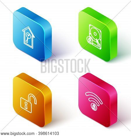 Set Isometric Line Retro Wall Watch, Hard Disk Drive And Lock, Open Padlock And Wifi Locked Icon. Ve