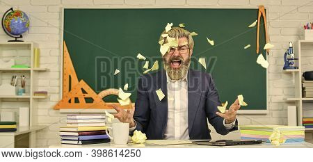 Teacher Destroying Paper File. Get Free Education. Destroy Profile Documents. Study Hard. School Edu