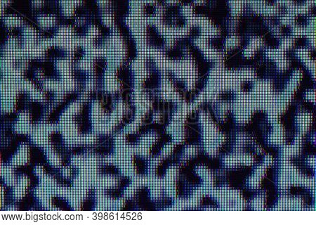No Signal On Television Monitor, Noise Bad Tv Black And White. Macro Shot Tv Screen. Blurred Photogr