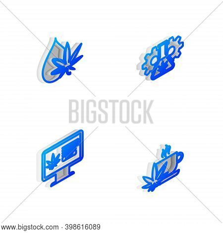 Set Isometric Line Test Tube With Marijuana, Marijuana Or Cannabis Leaf Oil, Online Buying And Cup T