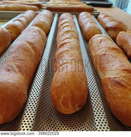 Fresch Gold Baquettes On Baking Tray In A Bakery