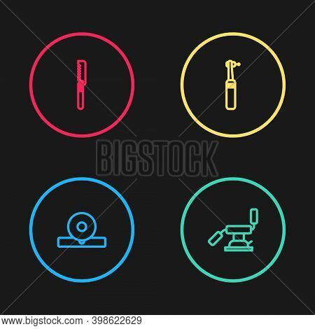 Set Line Otolaryngological Head Reflector, Medical Dental Chair, Tooth Drill And Saw Icon. Vector