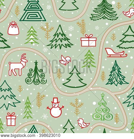 Christmas Winter Forest Snow Seamless Pattern With Holiday Icons And New Year Tree, Snow, Deer, Gift