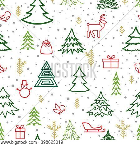 Christmas Winter Forest Snow Seamless Pattern With Holiday Icons And New Year Tree, Snow, Deer, Gift