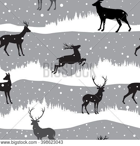 Snow Winter Landscape With Deers. Illustration Of Winter Forest Skyline Seamless Pattern With Snowfa