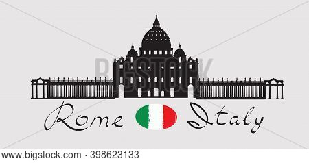 Rome Travel Landark San Peter Cathedral. Italian Famous Place San Pietro Square Silhouette Icon With