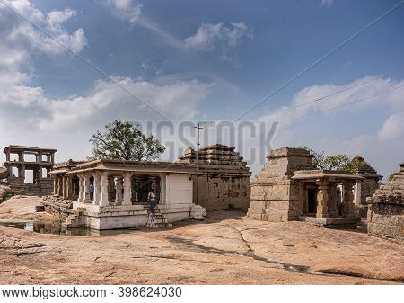 Hampi, Karnataka, India - November 4, 2013: Virupaksha Temple Complex. Moola Brown Stone Ruins With 