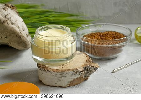 Chaga Birch Mushroom Is A Fashionable Concept In Cosmetics. Natural Cream, Essential Oil With Chaga 