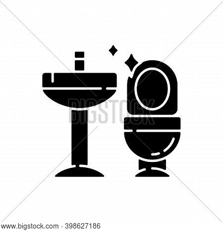 Cleaning Bathroom Black Glyph Icon. Housekeeping Silhouette Symbol On White Space. Professional Jani