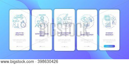 Virtual Assistant Skills Dark Blue Onboarding Mobile App Page Screen With Concepts. Multitasking Emp