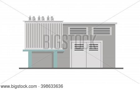Power Lines And Transformer Substation Building. Flat Vector Illustration Isolated On White Backgrou
