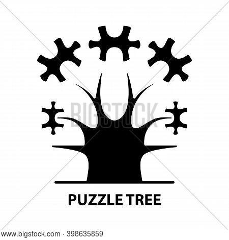 Puzzle Tree Icon, Black Vector Sign With Editable Strokes, Concept Illustration
