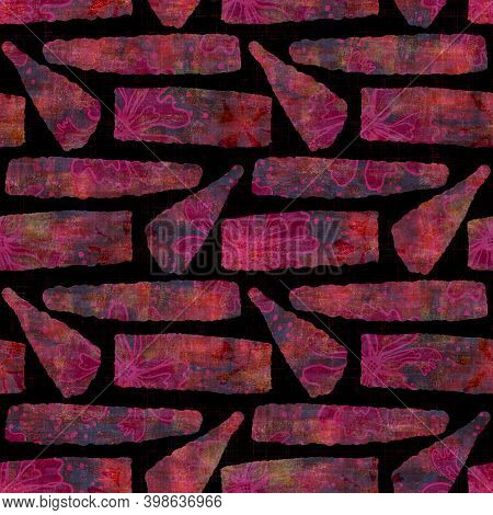 Seamless Dark Geometric Block Print Background. Boho Ethnic Soft Furnishing Fabric Style. Tie Dye Pa