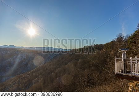 Viewing Platform With Scenery Mountains View, Caucasus.