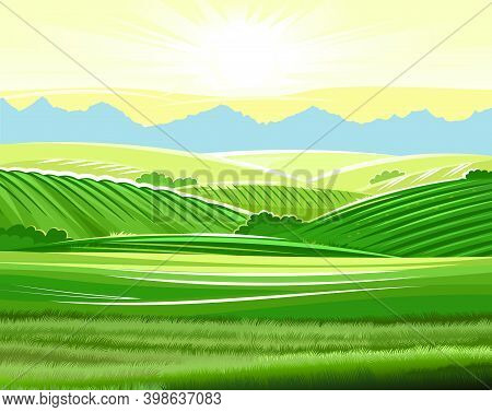 Rural Landscape. Hills And Meadows. Pastures And Farmland. Beautiful Nature View. The Horizon Is Dis