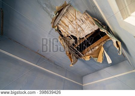 Collapsing Ceiling In An Abandoned Home, In Desperate Need Of Repair