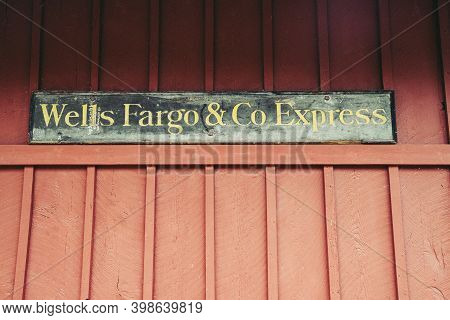 Nevada City, Montana - June 29, 2020: Sign For The Train Station Wells Fargo Co And Express In The G
