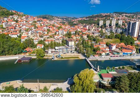 Aerial dronw wiev of city Uzice, town in Serbia, Balkans, Europe