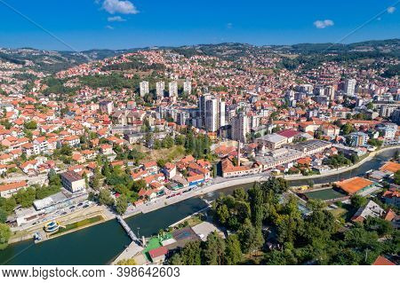 Aerial dronw wiev of city Uzice, town in Serbia, Balkans, Europe