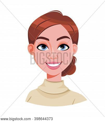 Stock Vector. Face Expression Of Brown Haired Woman, Cheerful. Female Emotion. Cute Cartoon Characte