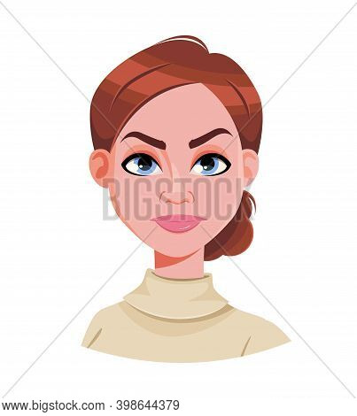 Stock Vector. Face Expression Of Brown Haired Woman, Angry. Female Emotion. Cute Cartoon Character I