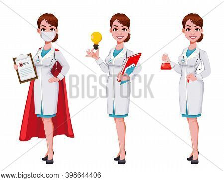 Stock Vector Cheerful Doctor Cartoon Character, Set Of Three Poses. Beautiful Young Woman Doctor. Ve