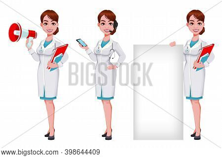 Stock Vector Cheerful Doctor Cartoon Character, Set Of Three Poses. Beautiful Young Woman Doctor Hol