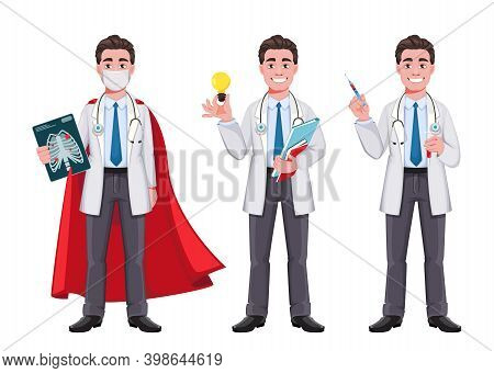 Stock Vector Cheerful Doctor Cartoon Character, Set Of Three Poses. Handsome Male Doctor Superhero, 