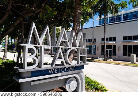 Miami Beach Welcome Sign, Florida, Usa. Summer Tourism, Warm Climate. Travels. Us Cities.