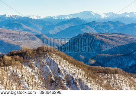 Beautiful Mountain Landscape With Forest At Caucasus Mountains.