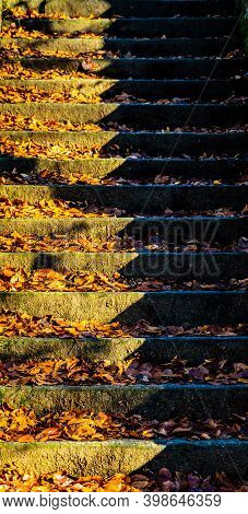 Old Stone Staircase On Terezinka. Sunny Autumn Day. Tanvald, Czech Republic