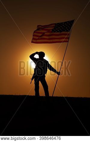 Silhouette Of Us Army Soldier, Marines Corps Fighter Or Special Forces Rifleman In Helmet, Armed Rif