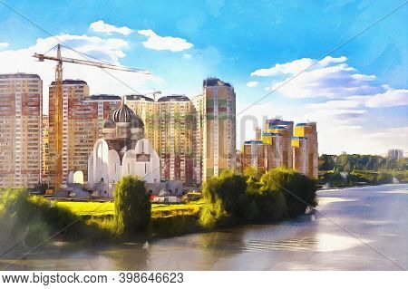 Modern Cityscape With Orthodox Church Under Construction