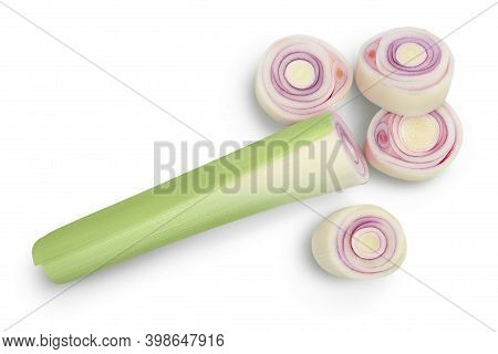Fresh Lemongrass Slices Isolated On White Background With Clipping Path. Top View. Flat Lay